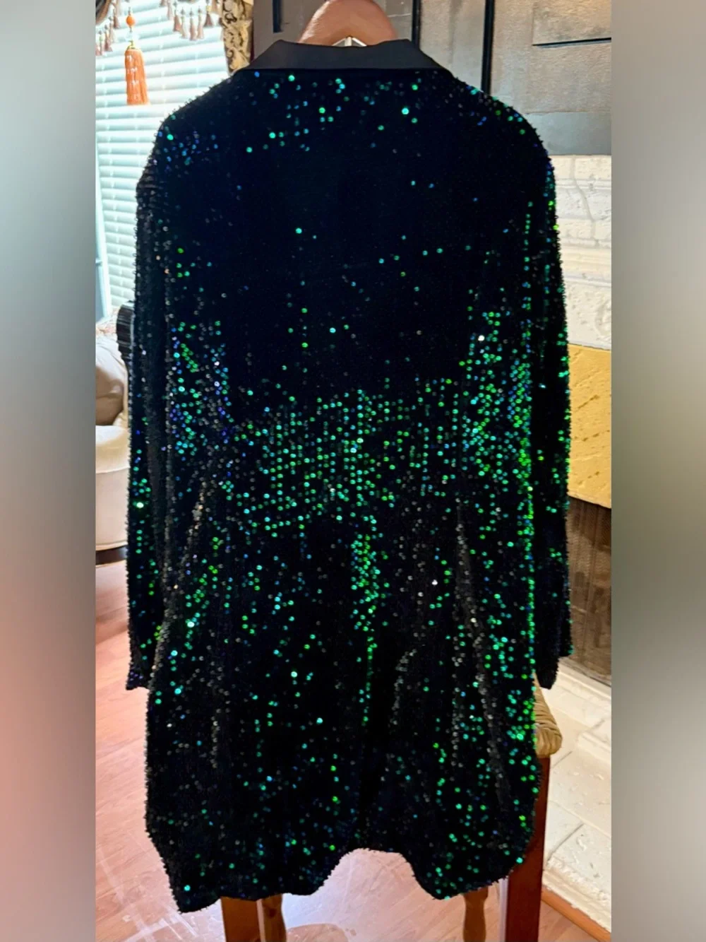 NWT Black Sequin Long Sleeve Blazer Dress with Green Iridescent Accents - Picture 4 of 6